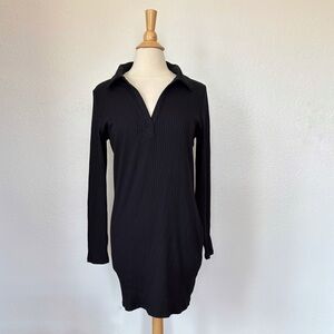 Solid Black Ribbed V-Neck Long Sleeve Collared Dress